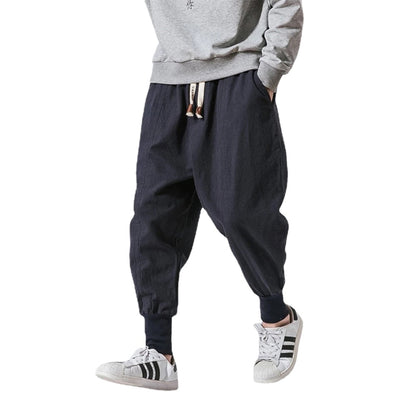 Mens Cotton Linen Harem Pants, Elastic Waist Joggers, Baggy Drop-crotch Streetwear Trousers, Solid Casual Pants