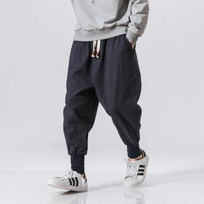 Mens Cotton Linen Harem Pants Elastic Waist Joggers Baggy Dropcrotch Streetwear Trousers Solid Casu 5