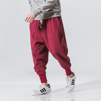 Mens Cotton Linen Harem Pants Elastic Waist Joggers Baggy Dropcrotch Streetwear Trousers Solid Casu 7