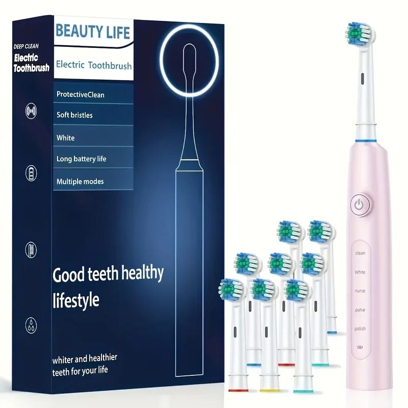 Electric Rotating Toothbrush With Replacement Heads For Adults 7