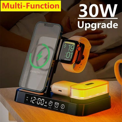 30W 3-in-1 Wireless Charging Stand Alarm Clock Night Light Station