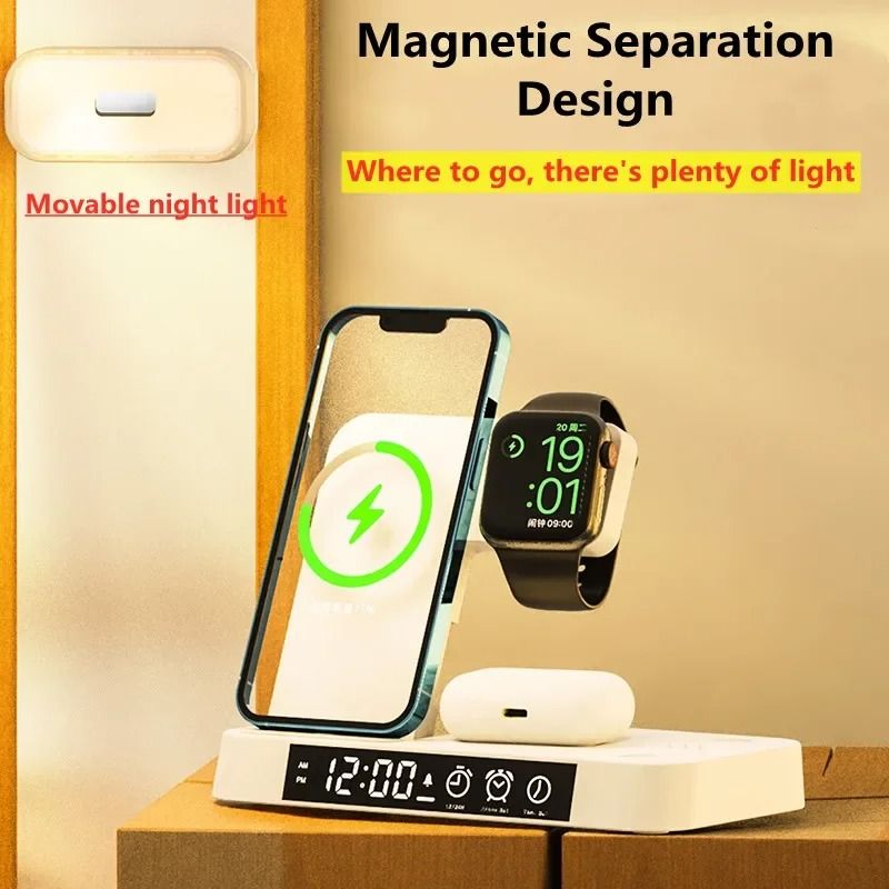 30W 3in1 Wireless Charging Stand Alarm Clock Night Light Station 2