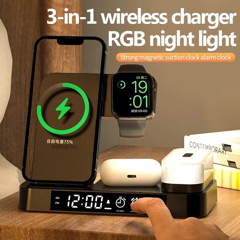 30W 3in1 Wireless Charging Stand Alarm Clock Night Light Station 4