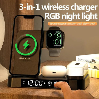 30W 3in1 Wireless Charging Stand Alarm Clock Night Light Station 4