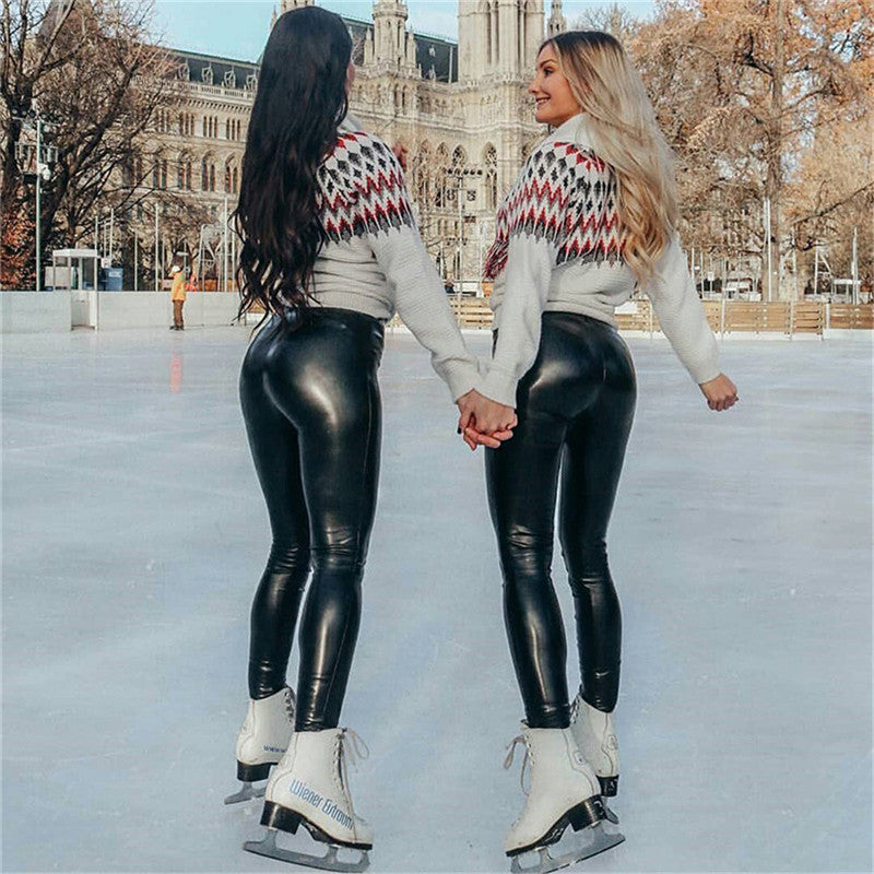 Womens Plus Size Leather Pants High Waist, Solid Black Skinny Legging Tights, Comfortable Stretchy All-Match Pants