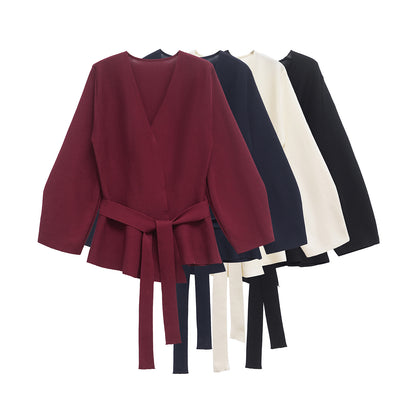 TRAFSHE Women's Knit Blazer with Belt, Retro V-Neck Long Sleeve Coat with Shoulder Pads, Versatile Spring and Fall Jacke