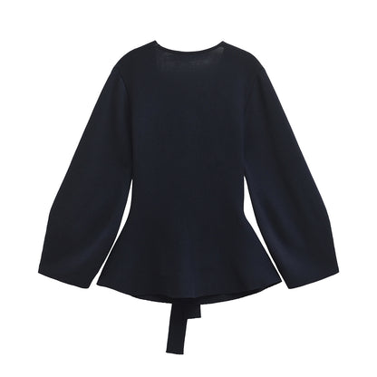 TRAFSHE Women's Knit Blazer with Belt, Retro V-Neck Long Sleeve Coat with Shoulder Pads, Versatile Spring and Fall Jacke