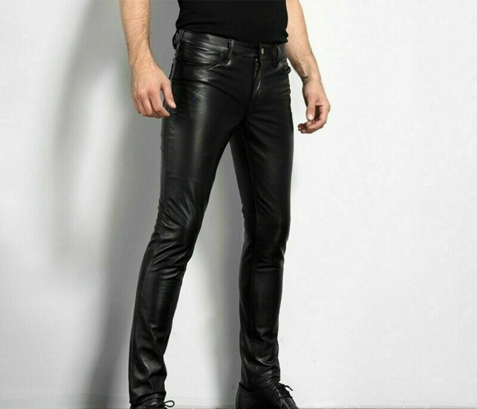 Mens Faux Leather Skinny Motorcycle Pants Rock Style PU Leather Dance Pants Slim Fit Night Club Fas 2