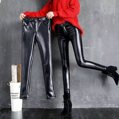 Womens Cashmere PU Leather Pants, Autumn Winter Thick Fleece High Waisted Slim Fit Black Warm Leggings