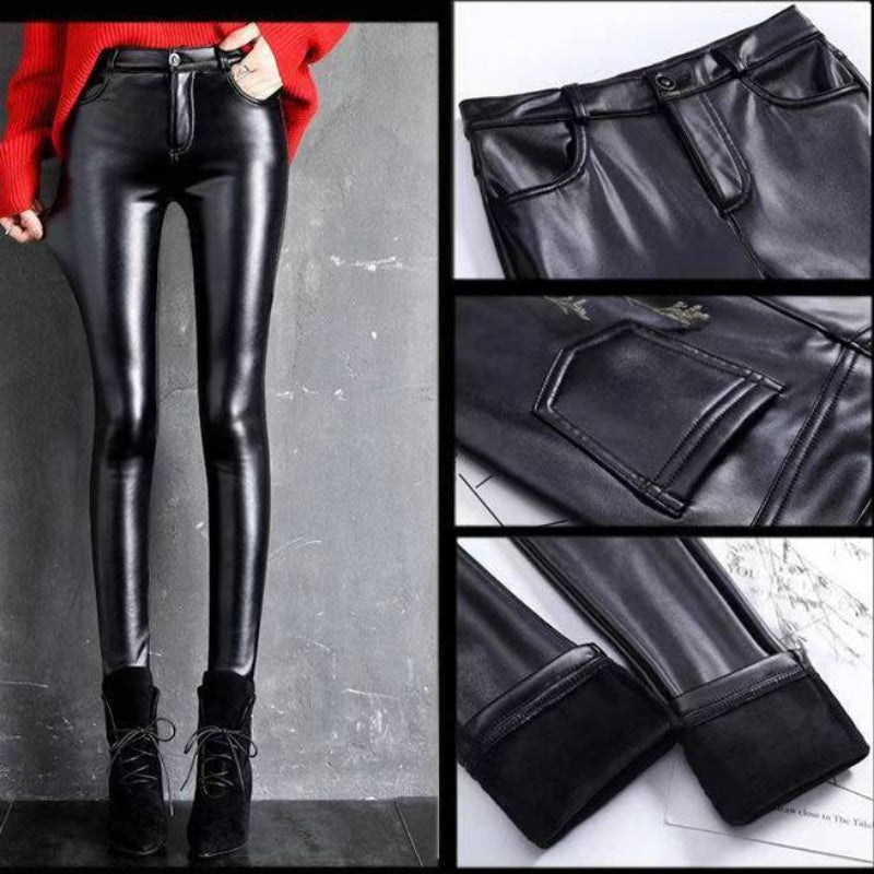 Womens Cashmere PU Leather Pants, Autumn Winter Thick Fleece High Waisted Slim Fit Black Warm Leggings