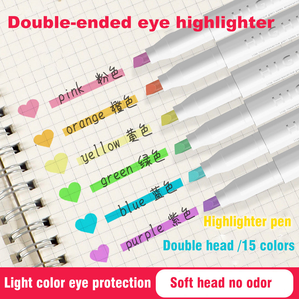 15 Color Double Ended Highlighter Set, Pastel & Fluo Drawing Pens, Dual Tip Highlighters for Journaling, Art, School