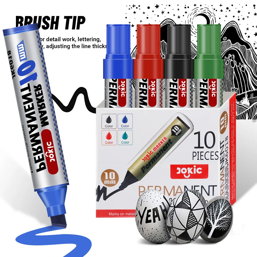 4 Color Permanent Marker Pens Set, Waterproof Ink, Fine and Broad 10mm Nib, Black Blue Red Green