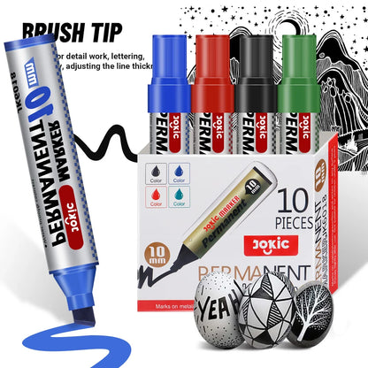 4 Color Permanent Marker Pens Set, Waterproof Ink, Fine and Broad 10mm Nib, Black Blue Red Green