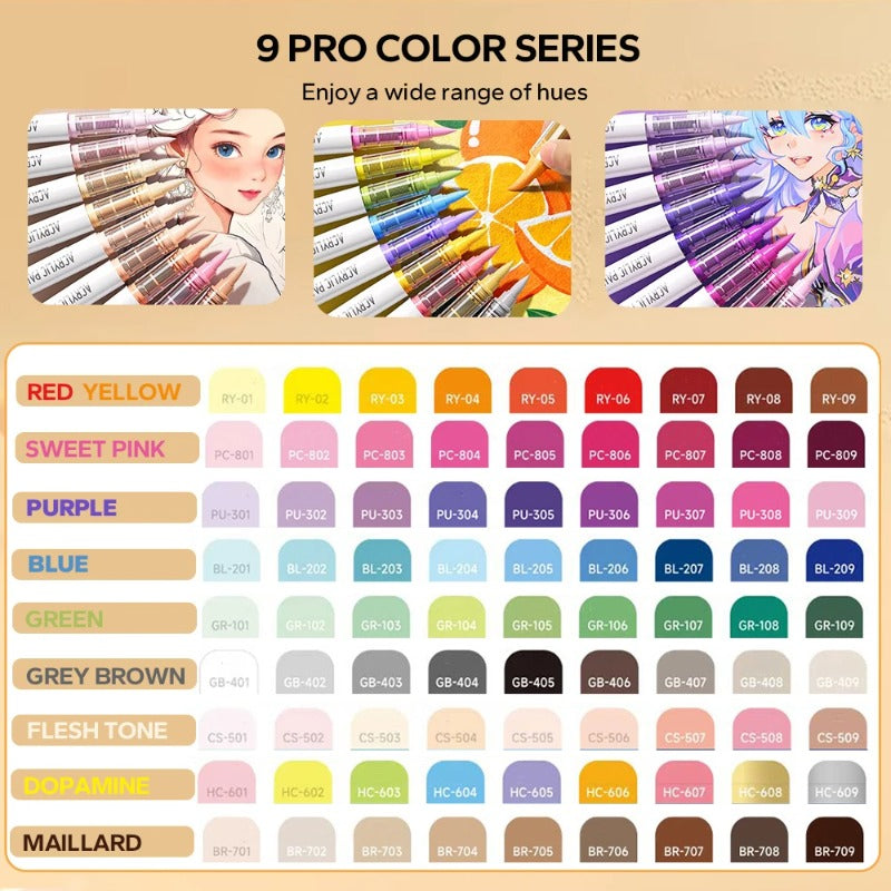 Pro Art Markers, 9pcs Set Acrylic Brush Markers for Painting, Drawing, Sketching with Premium Ink Control
