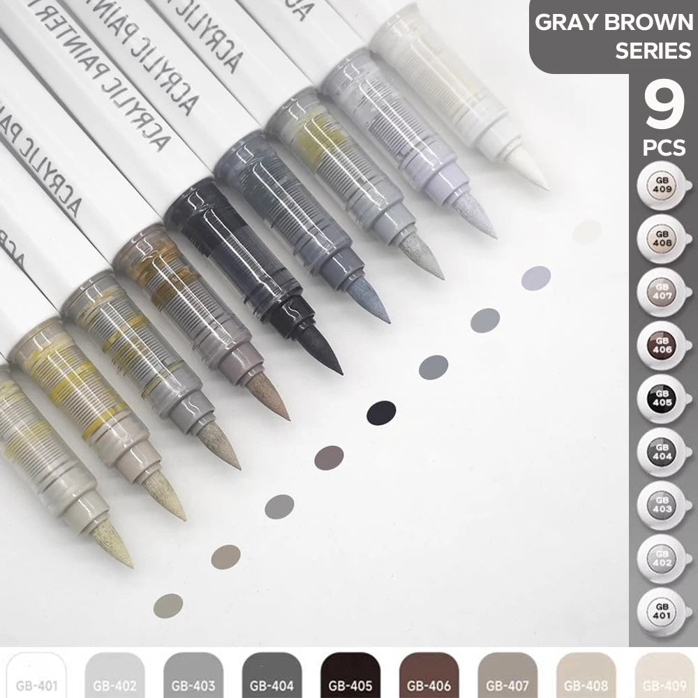 Pro Art Markers, 9pcs Set Acrylic Brush Markers for Painting, Drawing, Sketching with Premium Ink Control