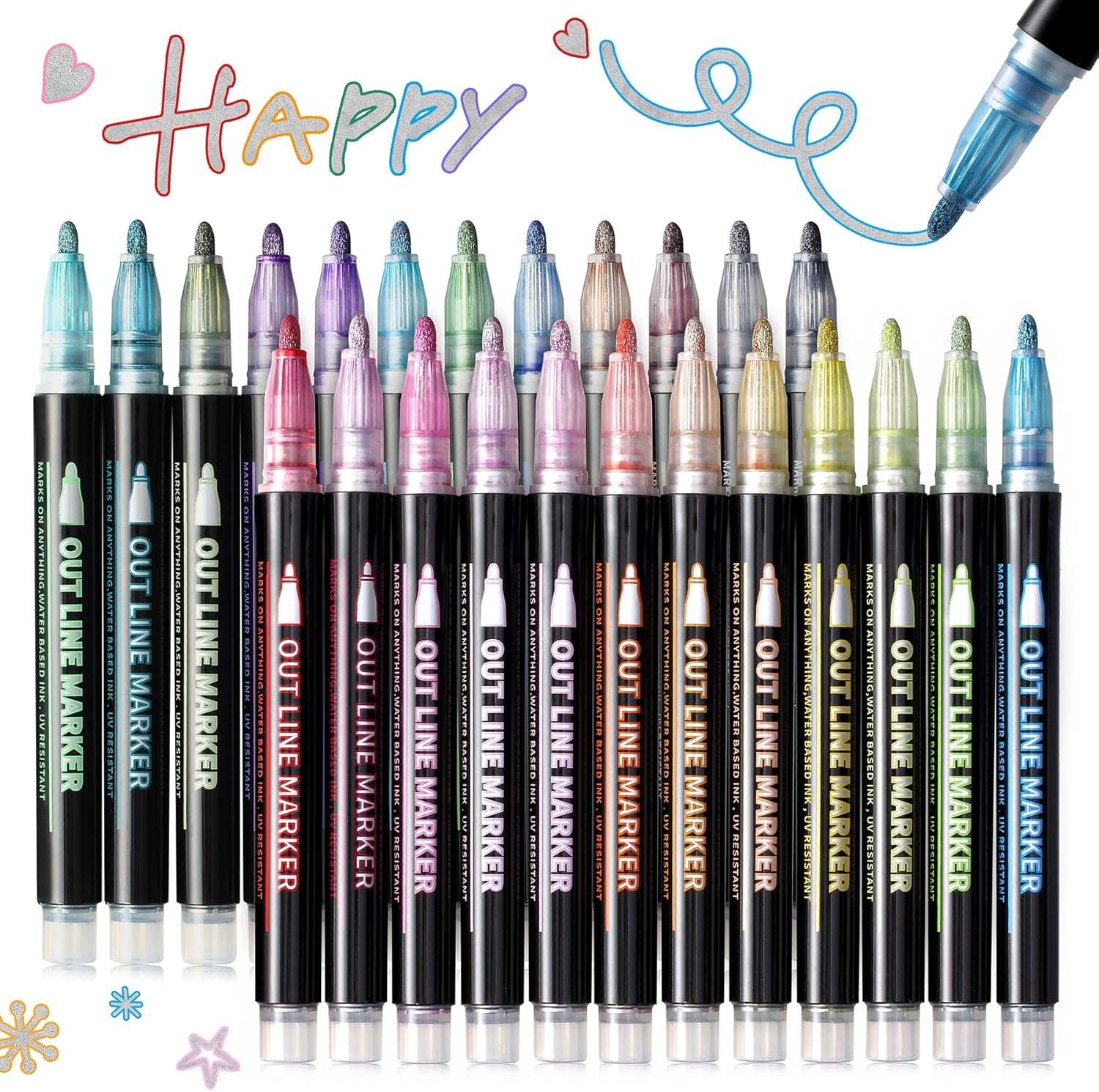Metallic Highlighter Pens, 12 48 Colors Magic Glitter Drawing Markers, Quick Drying Water Based, Double Line Outline