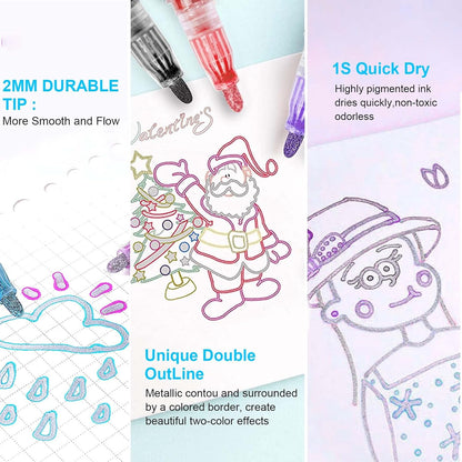 Metallic Highlighter Pens, 12 48 Colors Magic Glitter Drawing Markers, Quick Drying Water Based, Double Line Outline