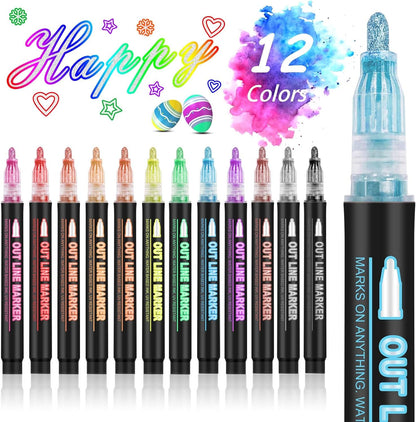 Metallic Highlighter Pens, 12 48 Colors Magic Glitter Drawing Markers, Quick Drying Water Based, Double Line Outline