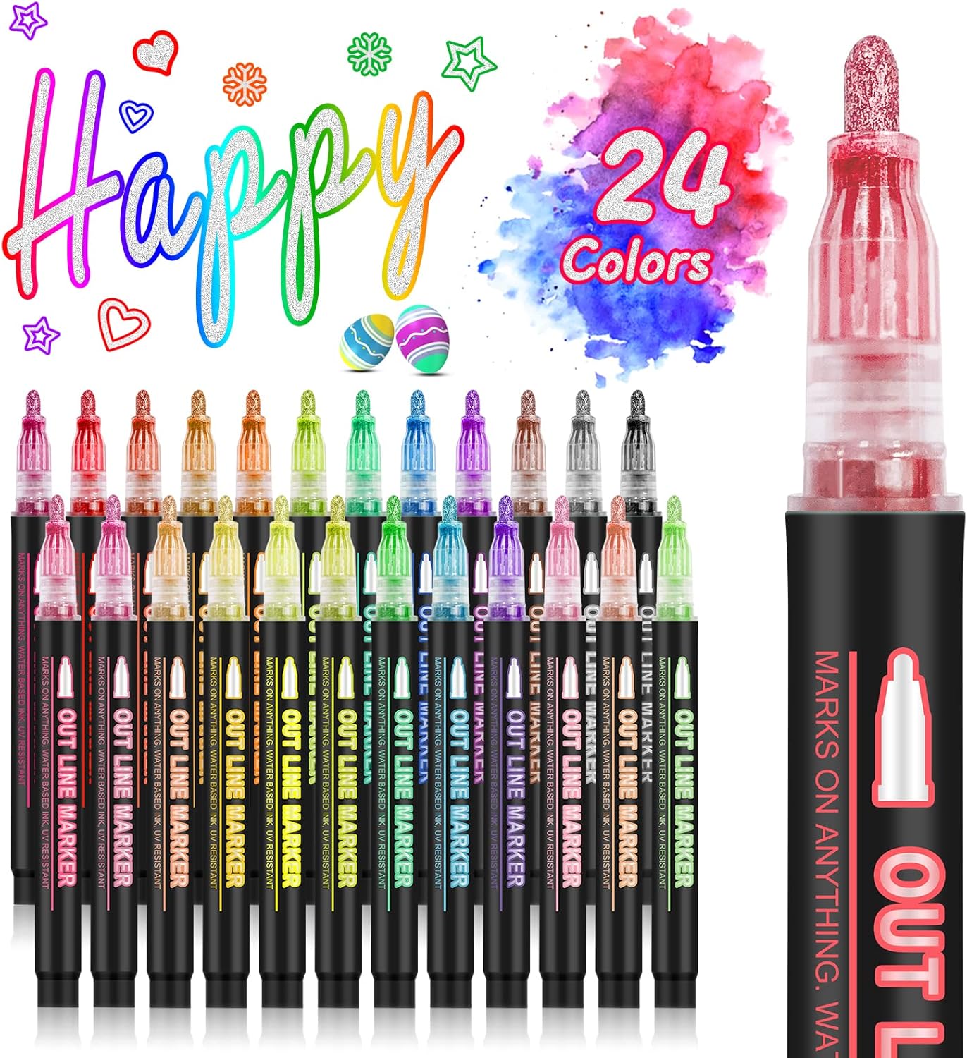 Metallic Highlighter Pens, 12 48 Colors Magic Glitter Drawing Markers, Quick Drying Water Based, Double Line Outline