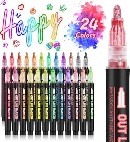 Metallic Highlighter Pens, 12 48 Colors Magic Glitter Drawing Markers, Quick Drying Water Based, Double Line Outline