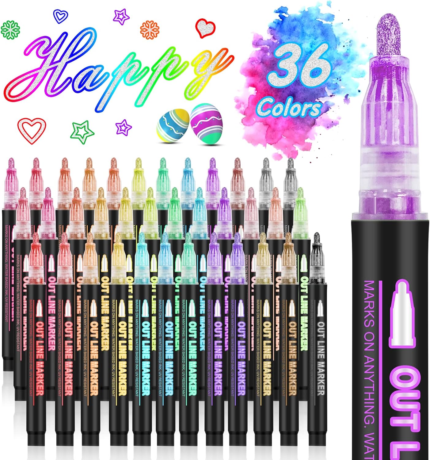 Metallic Highlighter Pens, 12 48 Colors Magic Glitter Drawing Markers, Quick Drying Water Based, Double Line Outline