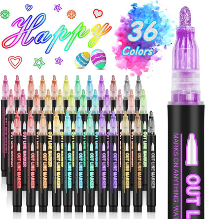 Metallic Highlighter Pens, 12 48 Colors Magic Glitter Drawing Markers, Quick Drying Water Based, Double Line Outline