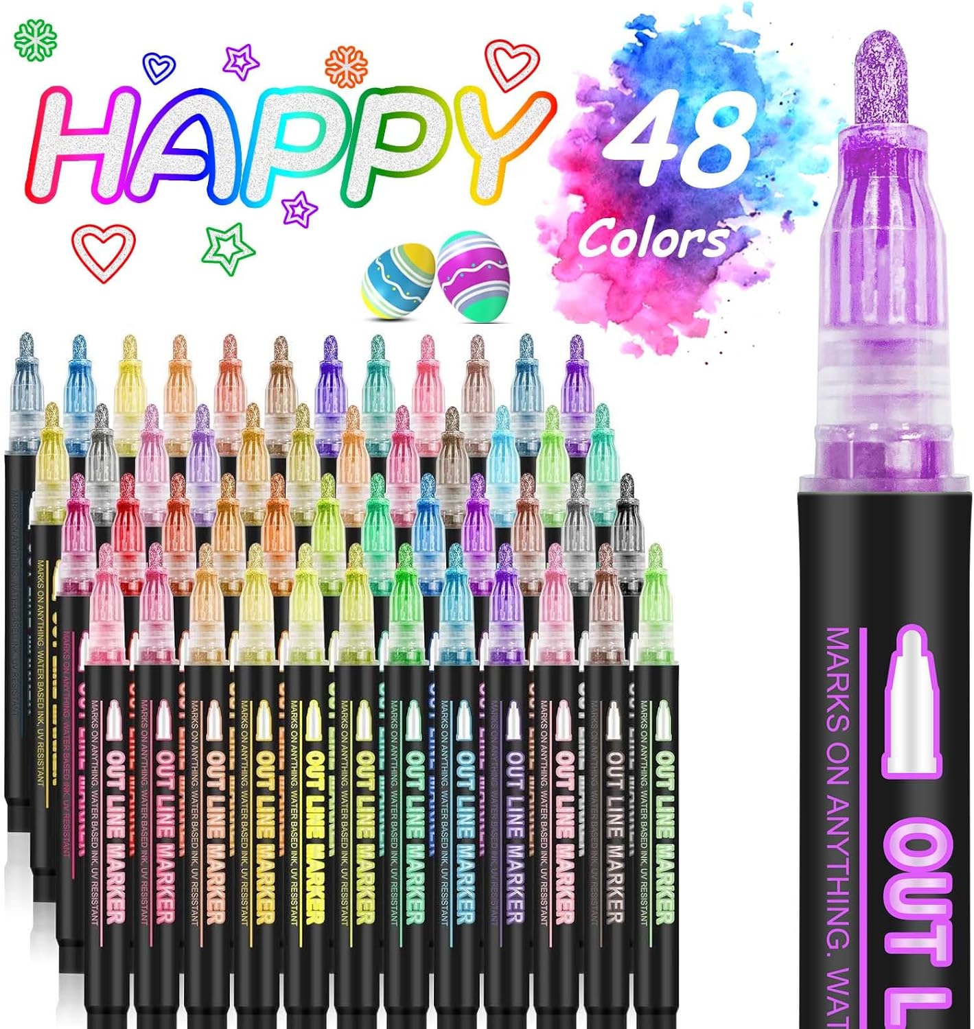 Metallic Highlighter Pens, 12 48 Colors Magic Glitter Drawing Markers, Quick Drying Water Based, Double Line Outline