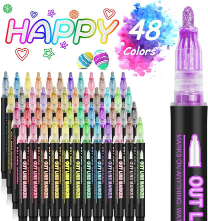 Metallic Highlighter Pens, 12 48 Colors Magic Glitter Drawing Markers, Quick Drying Water Based, Double Line Outline