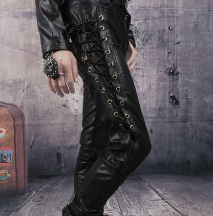 Leather Motorcycle Pants For Men Thick Long Trousers With Side Lace Up Jeans Style Durable Biker Le 1