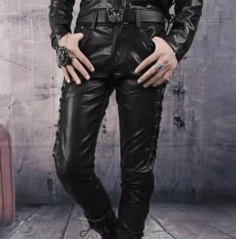 Leather Motorcycle Pants For Men Thick Long Trousers With Side Lace Up Jeans Style Durable Biker Le 2