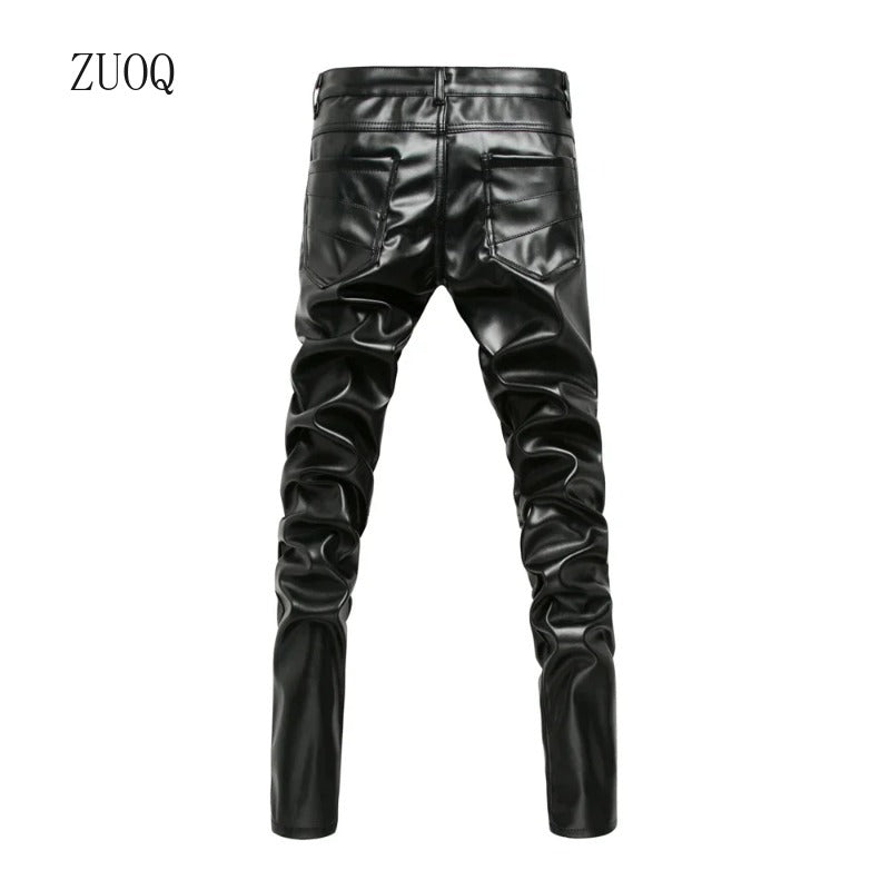 High Street Fashion PU Leather Pants for Men, New Winter Skinny Biker Motorcycle Trousers Male Stage Club Wear