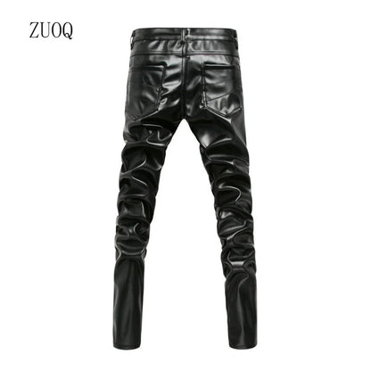 High Street Fashion PU Leather Pants for Men, New Winter Skinny Biker Motorcycle Trousers Male Stage Club Wear