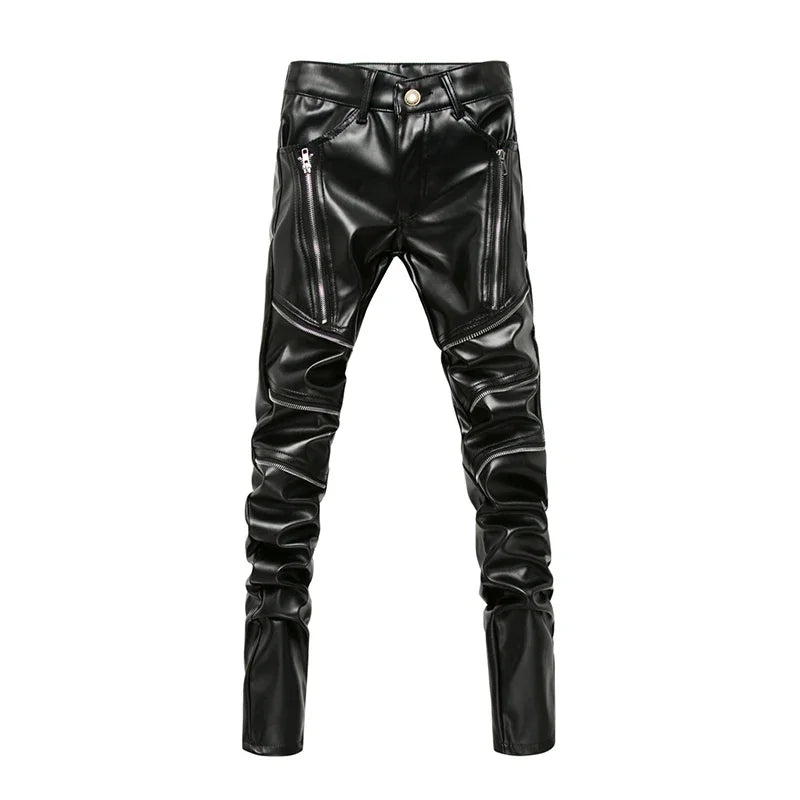 High Street Fashion PU Leather Pants for Men, New Winter Skinny Biker Motorcycle Trousers Male Stage Club Wear