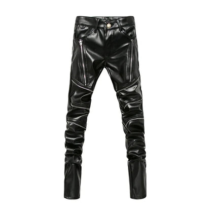 High Street Fashion PU Leather Pants for Men, New Winter Skinny Biker Motorcycle Trousers Male Stage Club Wear