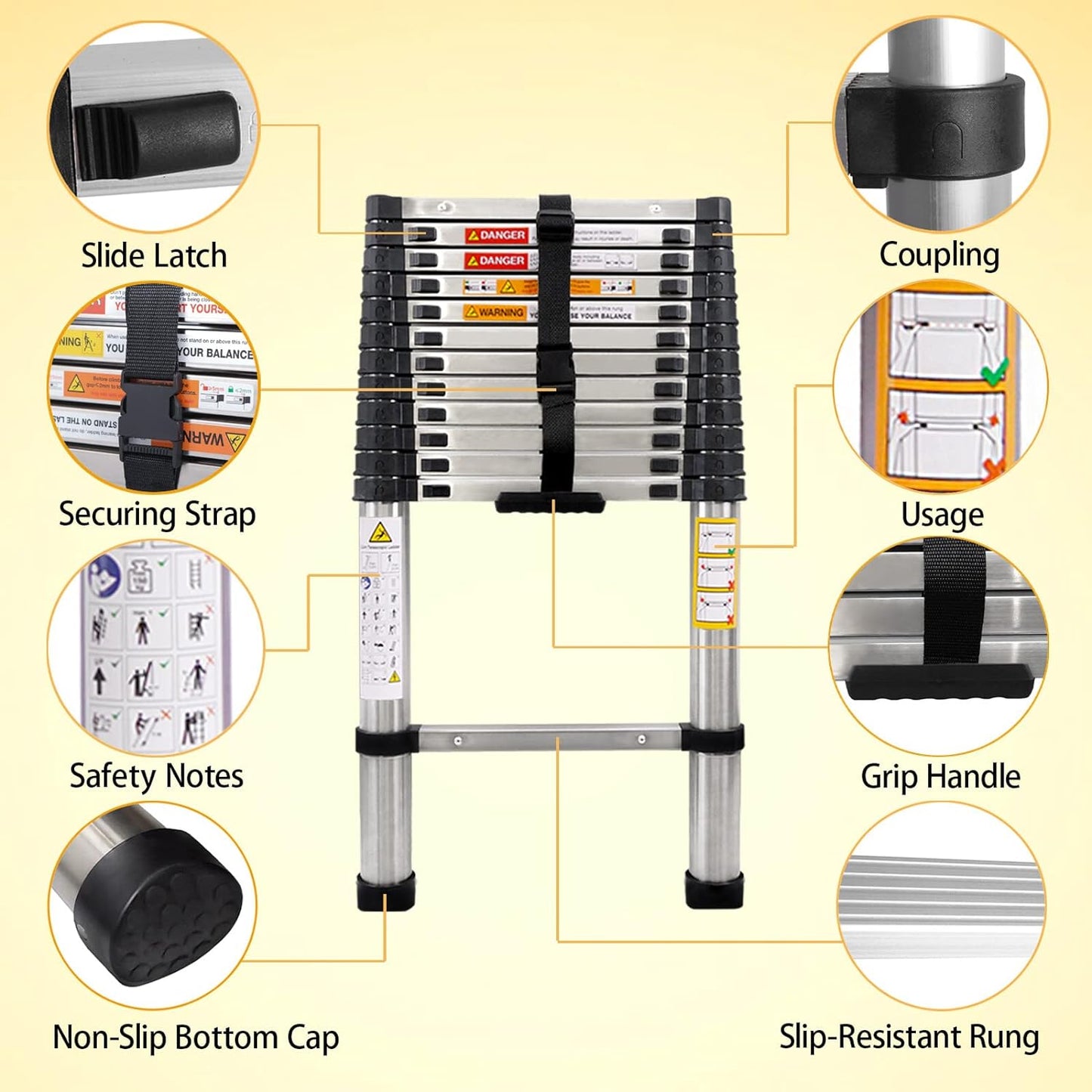 DayPlus Telescoping Stainless Steel Folding Ladder Extendable Portable Loft Ladder Max Load 3
