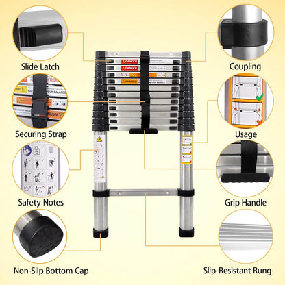 DayPlus Telescoping Stainless Steel Folding Ladder Extendable Portable Loft Ladder Max Load 3