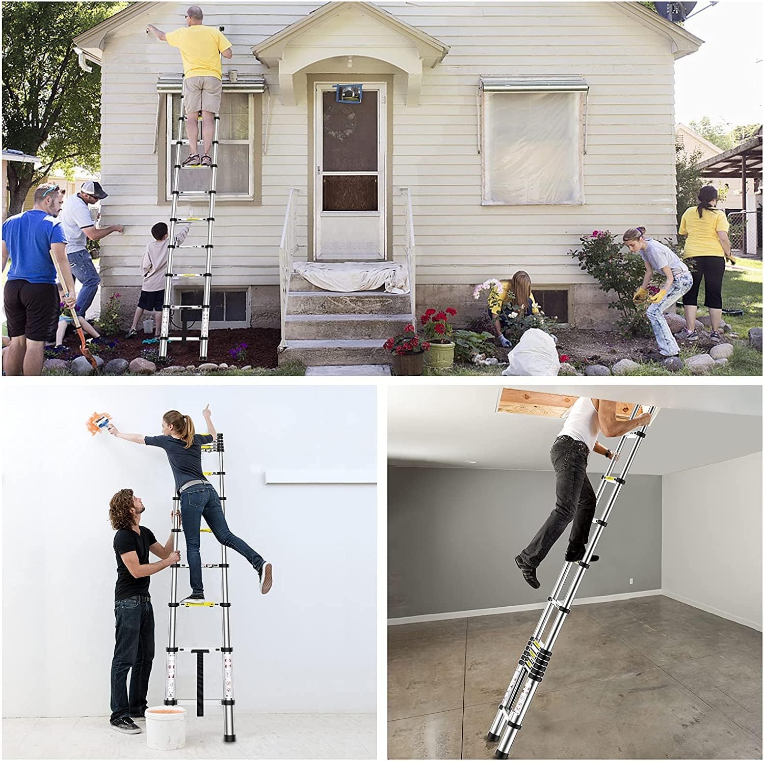 DayPlus Telescoping Stainless Steel Folding Ladder Extendable Portable Loft Ladder, Max Load
