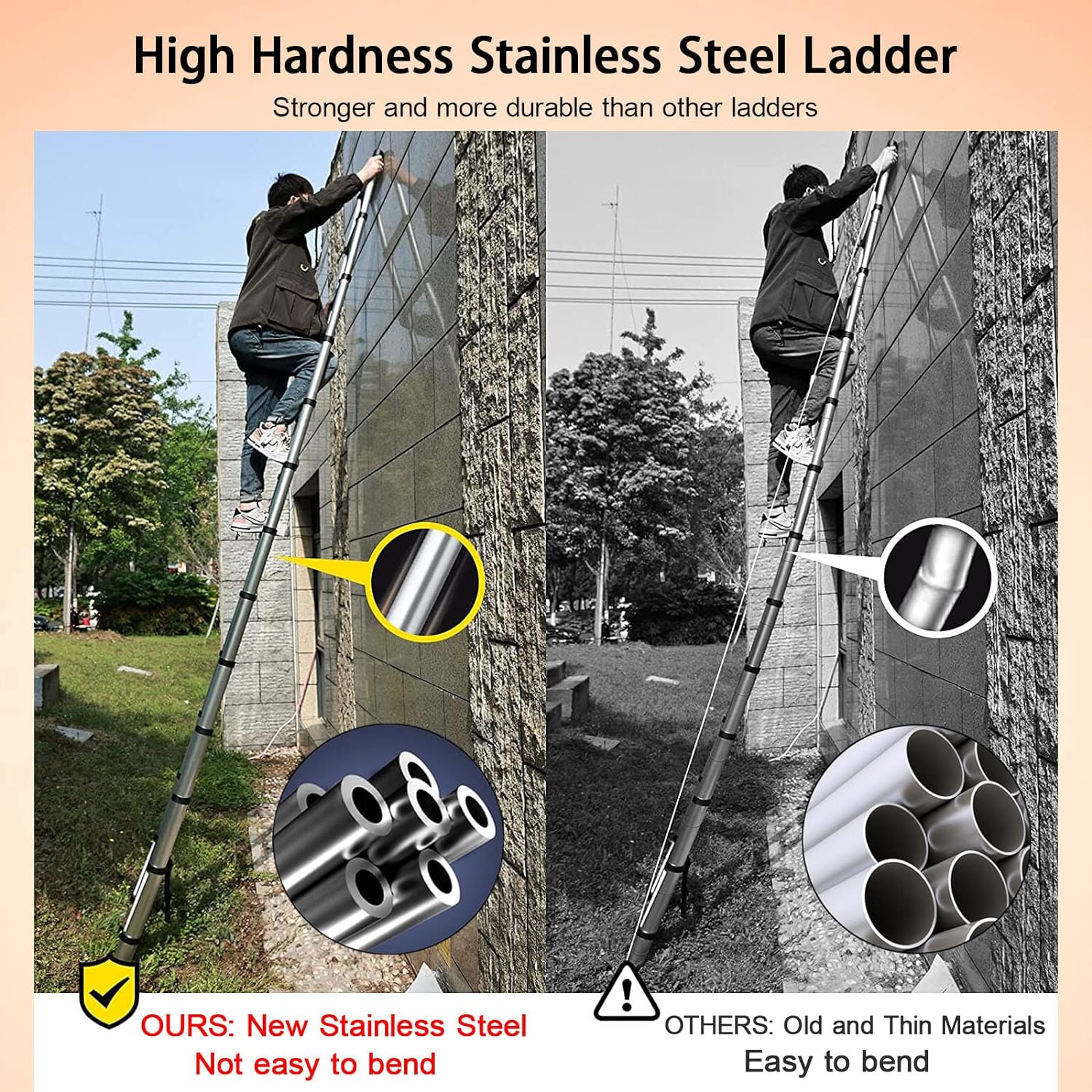 DayPlus Telescoping Stainless Steel Folding Ladder Extendable Portable Loft Ladder Max Load 1