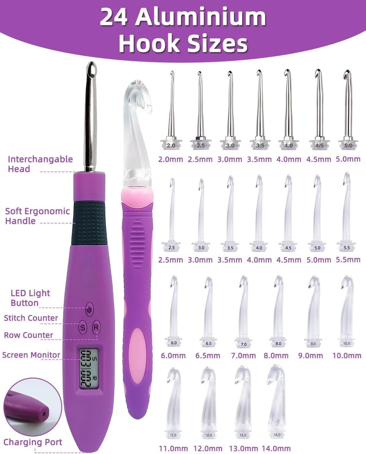 24pcs Lighted Crochet Hook Set With Counter Ergonomic Knitting Needles Kit For Beginners 5