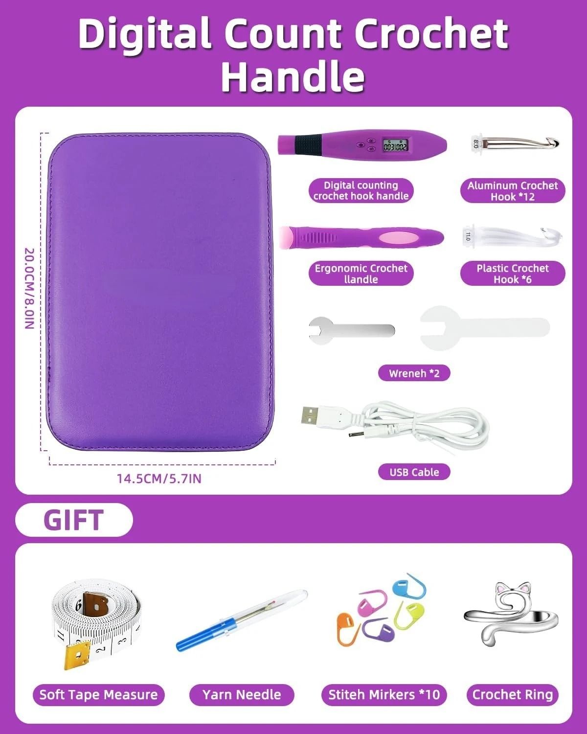 24pcs Lighted Crochet Hook Set With Counter Ergonomic Knitting Needles Kit For Beginners 6