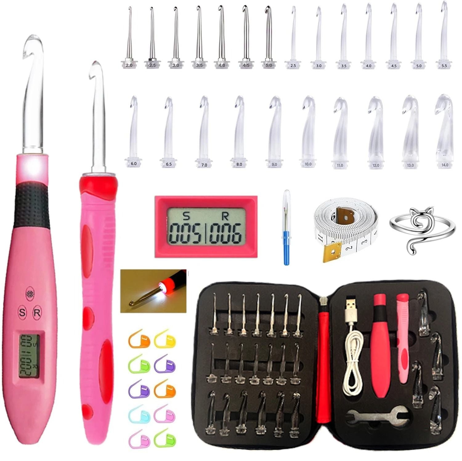 24pcs Lighted Crochet Hook Set With Counter Ergonomic Knitting Needles Kit For Beginners 7