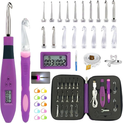 24pcs Lighted Crochet Hook Set With Counter Ergonomic Knitting Needles Kit For Beginners 8