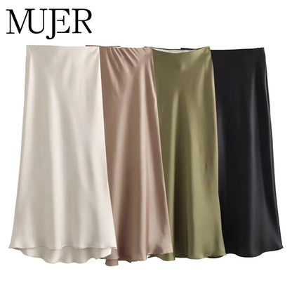 Elegant Satin Skirt for Women, High Waist Long Midi Skirt, Office Black Skirt, Summer 2025 Fashion