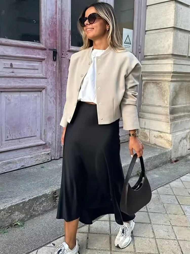 Elegant Satin Skirt for Women, High Waist Long Midi Skirt, Office Black Skirt, Summer 2025 Fashion