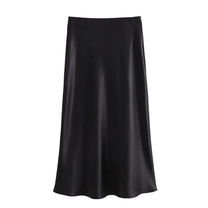 Elegant Satin Skirt for Women, High Waist Long Midi Skirt, Office Black Skirt, Summer 2025 Fashion