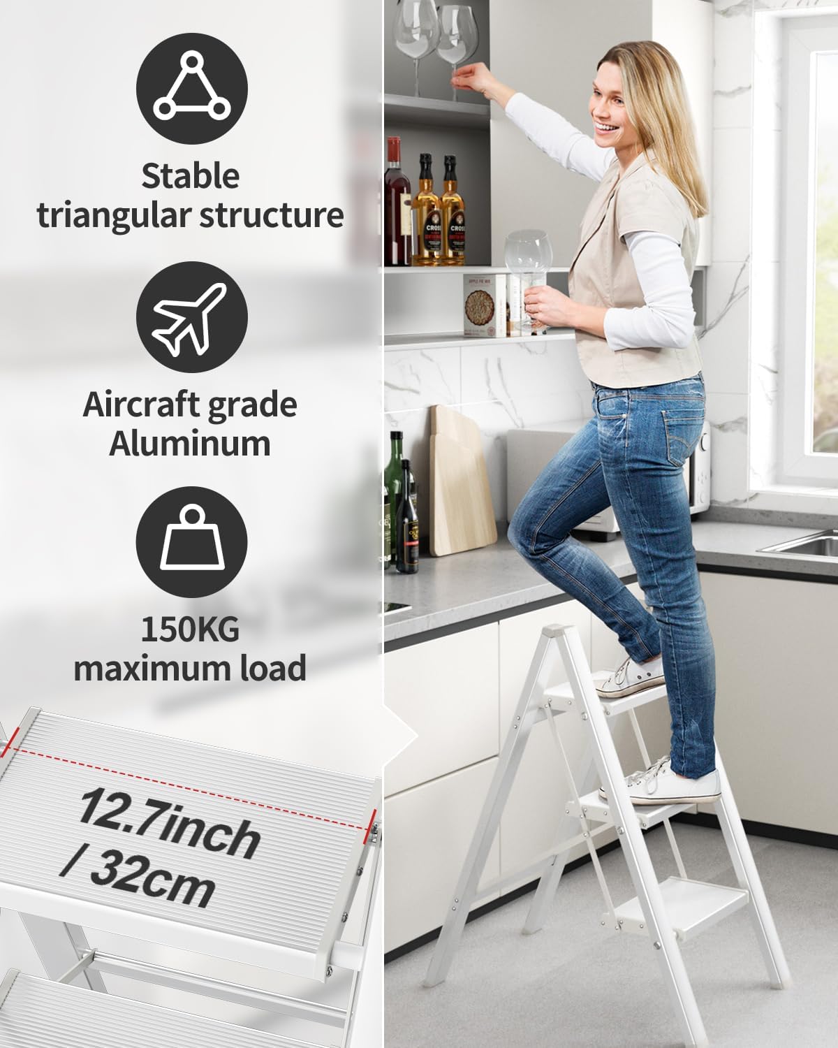 Folding Aluminum Step Ladder With Wide Rungs Portable Lightweight Ladder 150kg NonSlip Feet Steppin 2