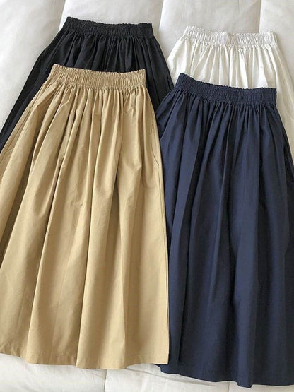 Women's High Waist White Long Skirt, A-Line Knee-Length Pleated Skirt with Pockets, Casual Elegant Fashion for Autumn