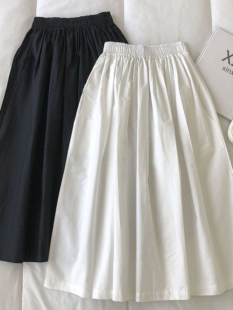 Women's High Waist White Long Skirt, A-Line Knee-Length Pleated Skirt with Pockets, Casual Elegant Fashion for Autumn