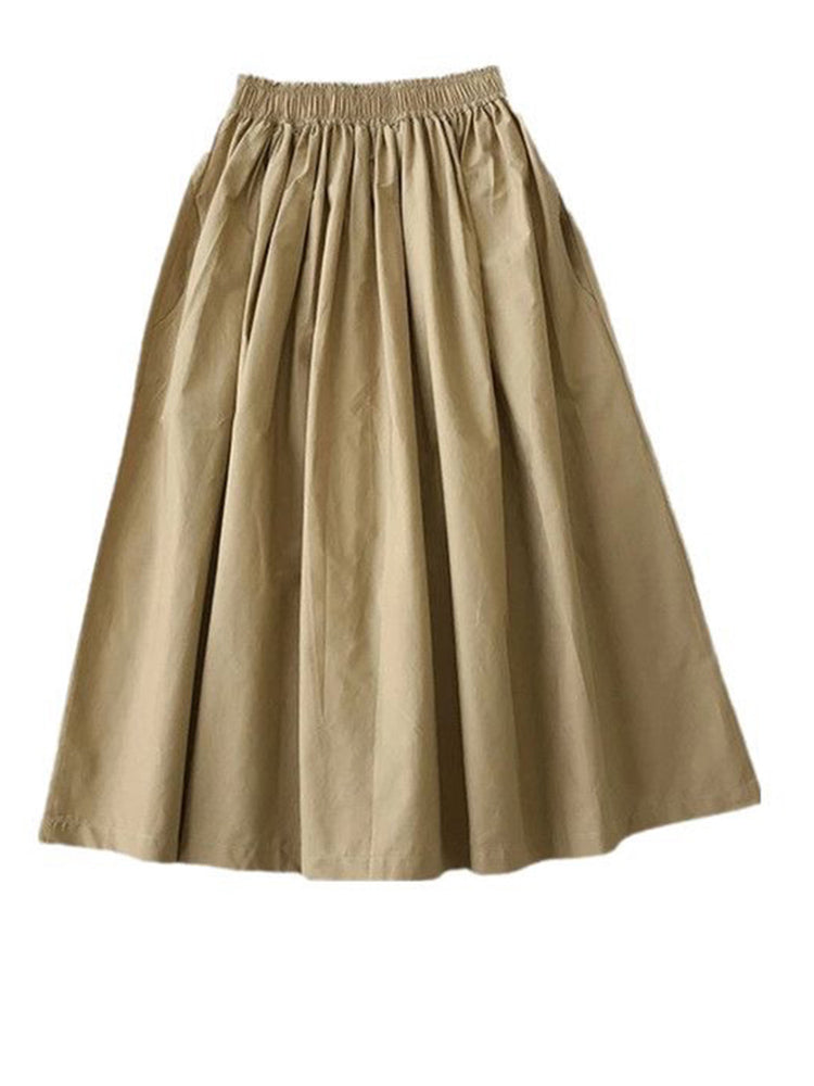 Women's High Waist White Long Skirt, A-Line Knee-Length Pleated Skirt with Pockets, Casual Elegant Fashion for Autumn