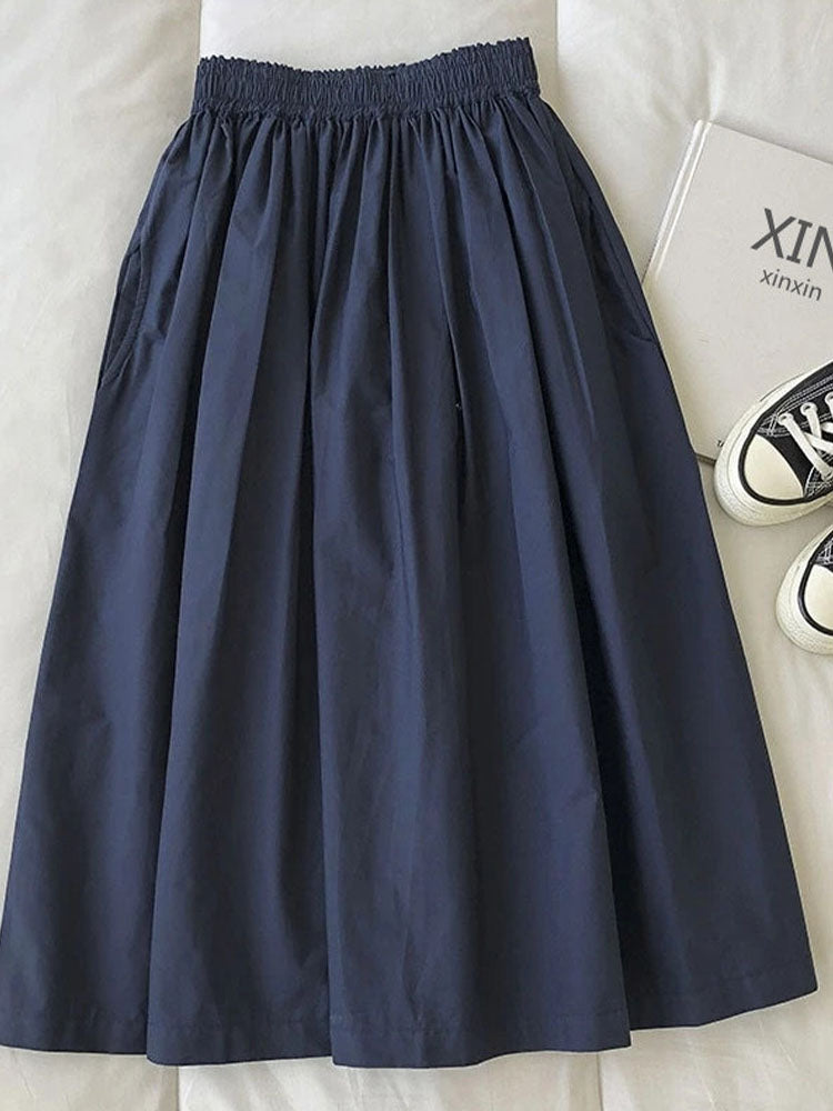 Women's High Waist White Long Skirt, A-Line Knee-Length Pleated Skirt with Pockets, Casual Elegant Fashion for Autumn